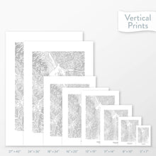 Load image into Gallery viewer, Side-by-side comparison of 8 dimension options for adventure travel art. Prints are decorative topographic maps of Breckenridge ski area in Colorado.
