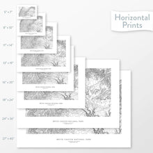 Load image into Gallery viewer, Available sizes for Bryce Canyon National Park topographic maps. 5x7, 8x10, 11x14, 16x20, 18x24, 24x36, and 27x40 posters shown. as black and white prints on a gray background.
