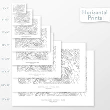Load image into Gallery viewer, Decorative maps in many sizes of Canyonlands National Park topography: 5x7, 8x10, 11x14, 16x20, 18x24, 24x36, and 27x40.
