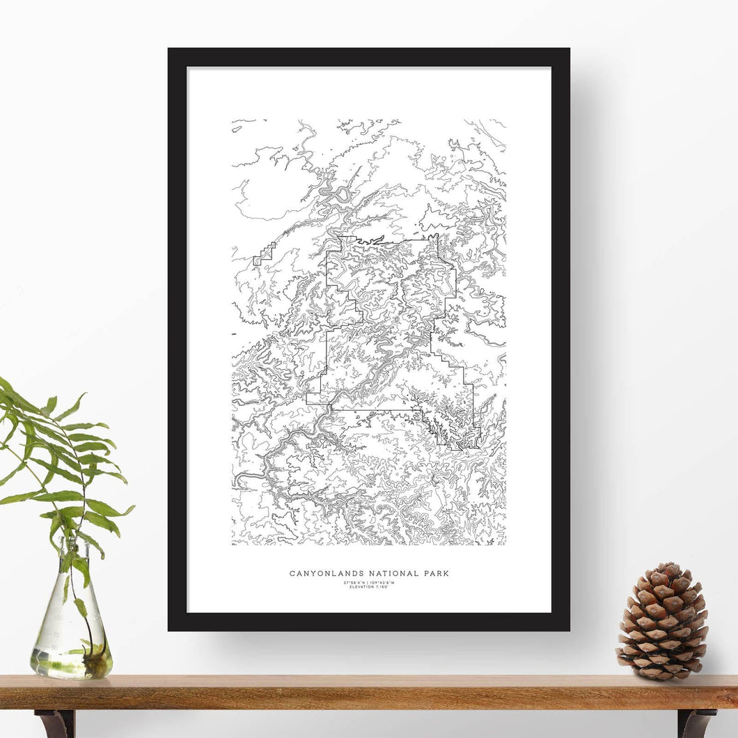 Canyonlands National Park topographic map poster, 24 inches by 36 inches, in a vertical orientation, with a black solid wood ready-to-hang frame.