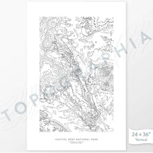 Load image into Gallery viewer, National Park print of Capitol Reef with topography art.
