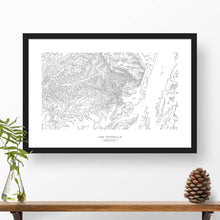 Load image into Gallery viewer, Framed travel art of the Catskill Mountains, featuring topography map art in black and white.
