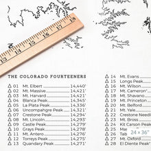 Load image into Gallery viewer, Zoom view of the list of Colorado 14ers. Peaks are listed in order of elevation, and triangle outlines are a checklist that you can fill in after you summit each peak.
