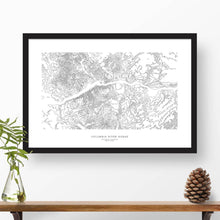 Load image into Gallery viewer, Framed travel art of the Columbia River Gorge in Washington and Oregon, featuring topography map art in black and white.

