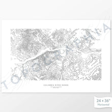 Load image into Gallery viewer, Example topographic map print of the Columbia River Gorge in Washington and Oregon. Art uses horizontal orientation. Print shows landscape of the area using contour lines. On the artwork is a title and concise info of location and elevation.
