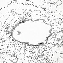 Load image into Gallery viewer, Close-up of black labels and contour lines for Crater Lake National Park poster with map art.
