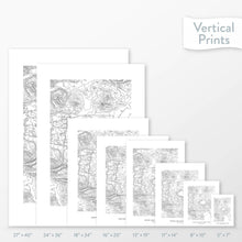 Load image into Gallery viewer, Available sizes for Crater Lake National Park topographic maps. 5x7, 8x10, 11x14, 16x20, 18x24, 24x36, and 27x40 posters shown. as black and white prints on a gray background.
