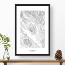 Load image into Gallery viewer, Black and white map and ski art of Crested Butte, Colorado. Topography contours are in black on a white background. Text below the image can be personalized for a perfect custom map art gift idea.
