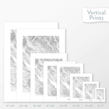 Load image into Gallery viewer, Available sizes for Crested Butte, Colorado topographic maps. 5x7, 8x10, 11x14, 16x20, 18x24, 24x36, and 27x40 posters shown. as black and white prints on a gray background.
