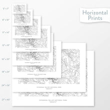 Load image into Gallery viewer, All sizes of horizontal prints for Cuyahoga Valley National Park poster with topographic map.

