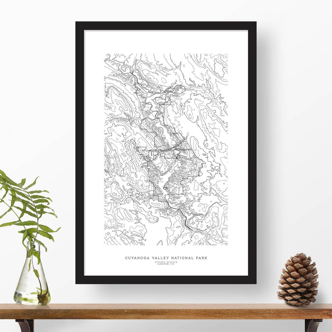 Framed print of Cuyahoga Valley National Park featuring a topographic map.
