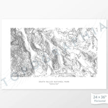 Load image into Gallery viewer, National Park print of Death Valley with a topographic map. Black contour lines on a white background.
