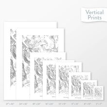 Load image into Gallery viewer, Available sizes for Death Valley National Park topographic maps. 5x7, 8x10, 11x14, 16x20, 18x24, 24x36, and 27x40 posters shown. as black and white prints on a gray background.
