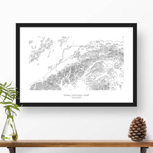 Load image into Gallery viewer, Map wall decor in a black frame. Contour lines of Denali National Park are drawn on a white background. Text  below the map can be customized to create custom adventure art.
