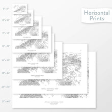Load image into Gallery viewer, Available sizes for Denali National Park topographic maps. 5x7, 8x10, 11x14, 16x20, 18x24, 24x36, and 27x40 posters shown. as black and white prints on a gray background.
