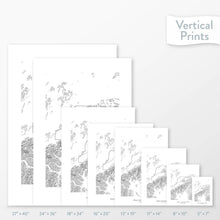 Load image into Gallery viewer, Available sizes for Denali National Park topographic maps. 5x7, 8x10, 11x14, 16x20, 18x24, 24x36, and 27x40 posters shown. as black and white prints on a gray background.
