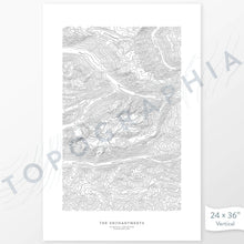 Load image into Gallery viewer, Enchantments, Washington poster with topograpy contour lines in black on a white background. Customizable text makes it a great map art gift idea.
