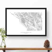 Load image into Gallery viewer, Framed travel art of Glacier Bay National Park, featuring topography map art in black and white.
