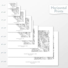 Load image into Gallery viewer, National park art of Glacier Bay. Map wall decor is available in multiple sizes: 5x7, 8x10, 11x14, 16x20, 18x24, 24x36, and 27x40.
