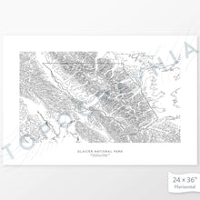 Load image into Gallery viewer, Horizontal custom topo map print of Glacier National Park. Contour lines show the steep canyon topography of the area. National Park artwork
