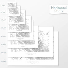 Load image into Gallery viewer, National park art of Glacier. Map wall decor is available in multiple sizes: 5x7, 8x10, 11x14, 16x20, 18x24, 24x36, and 27x40.
