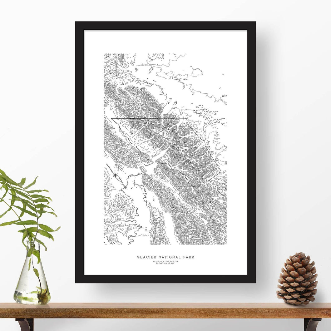 Framed print of Glacier National Park featuring a topographic map.