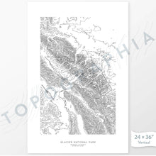 Load image into Gallery viewer, Glacier National Park poster with topograpy contour lines in black on a white background. Customizable text makes it a great map art gift idea.
