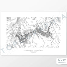 Load image into Gallery viewer, Horizontal custom topo map print of Grand Canyon National Park. Contour lines show the steep canyon topography of the area. National Park artwork.

