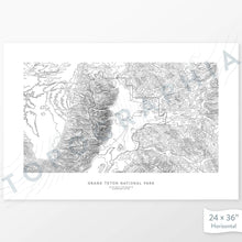 Load image into Gallery viewer, National Park print of Grand Teton with a topographic map. Black contour lines on a white background.
