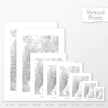 Load image into Gallery viewer, Available sizes for Grand Teton National Park topographic maps. 5x7, 8x10, 11x14, 16x20, 18x24, 24x36, and 27x40 posters shown. as black and white prints on a gray background.
