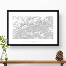 Load image into Gallery viewer, Framed black and white print of Great Smoky Mountains National Park with topography art.
