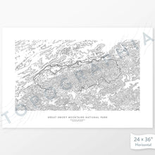 Load image into Gallery viewer, Example topographic map print of Great Smoky Mountains National Park. Art uses horizontal orientation. Print shows landscape of the area using contour lines. On the artwork is a title and concise info of location and elevation.
