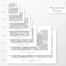 Load image into Gallery viewer, Topographic maps of Great Smoky Mountains National Park in multiple sizes, available as posters, framed print, and canvas or framed canvas.
