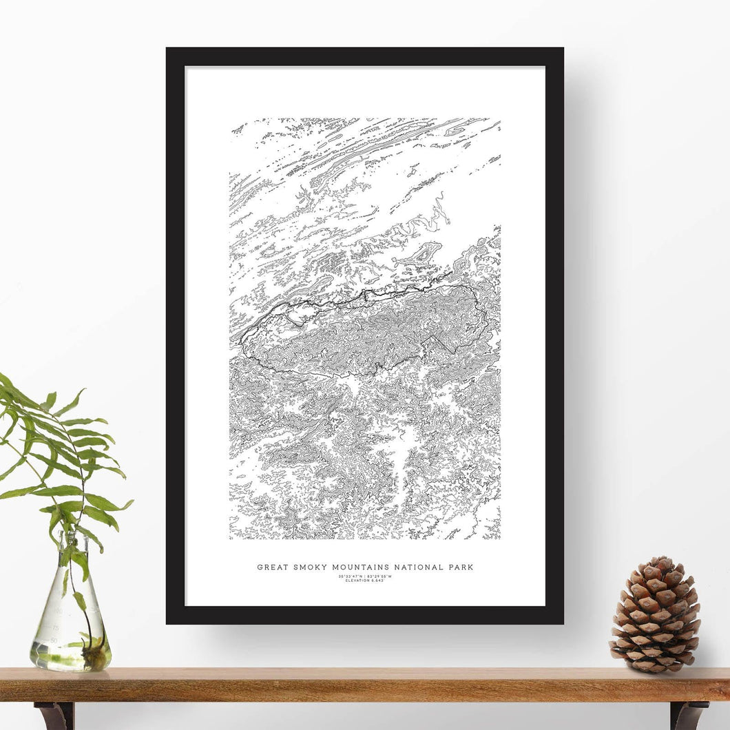 Black and white map and travel art of Great Smoky Mountains National Park. Topography contours are in black on a white background. Text below the image can be personalized for a perfect custom map art gift idea.