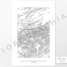 Load image into Gallery viewer, Example art map print of Great Smoky Mountains National Park. Art uses verticle orientation. Print shows landscape of the area using elevation data. On the artwork is a title and concise info of location and elevation. Custom map decor
