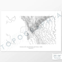 Load image into Gallery viewer, Map wall decor of Guadalupe Mountains National Park with modern map art in black and white.
