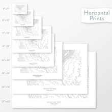 Load image into Gallery viewer, Decorative maps in many sizes of Guadalupe Peak, Texas topography: 5x7, 8x10, 11x14, 16x20, 18x24, 24x36, and 27x40.
