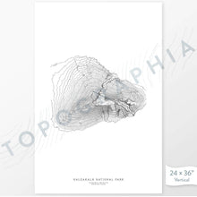 Load image into Gallery viewer, Example art map print of Haleakala National Park. Art uses verticle orientation. Print shows landscape of the area using elevation data. On the artwork is a title and concise info of location and elevation. Custom map decor
