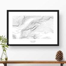 Load image into Gallery viewer, Framed black and white print of Half Dome, Yosemite topography art. Text can be added to create a custom map poster as a travel gift.
