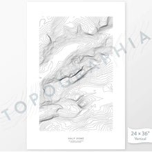 Load image into Gallery viewer, Half Dome, Yosemite poster with topograpy contour lines in black on a white background. Customizable text makes it a great map art gift idea.
