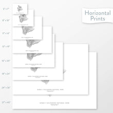 Load image into Gallery viewer, All sizes of horizontal prints for Hawai&#39;i Volcanoes National Park poster with topographic map.

