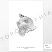 Load image into Gallery viewer, Hawai&#39;i Volcanoes National Park poster with black and white contour lines to represent topography
