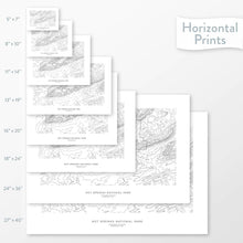 Load image into Gallery viewer, Decorative maps in many sizes of Hot Springs National Park topography: 5x7, 8x10, 11x14, 16x20, 18x24, 24x36, and 27x40.
