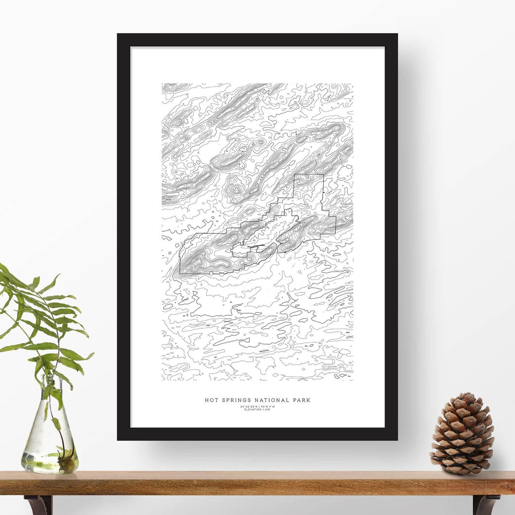 National park print of Hot Springs National Park with black and white topography in a black 24x36 vertical frame.