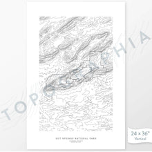 Load image into Gallery viewer, Vertical orientation Hot Springs National Park poster with topographic map design.
