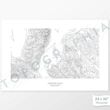 Load image into Gallery viewer, Horizontal custom topo map print of Jackson Hole, WY. Contour lines show the mountain slopes and topography of the area. Mountain elevation artwork.
