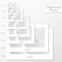 Load image into Gallery viewer, Mountain art of Jackson Hole, Wyoming. Map wall decor is available in multiple sizes: 5x7, 8x10, 11x14, 16x20, 18x24, 24x36, and 27x40.
