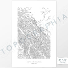 Load image into Gallery viewer, Jasper National Park poster with topograpy contour lines in black on a white background. Customizable text makes it a great map art gift idea.

