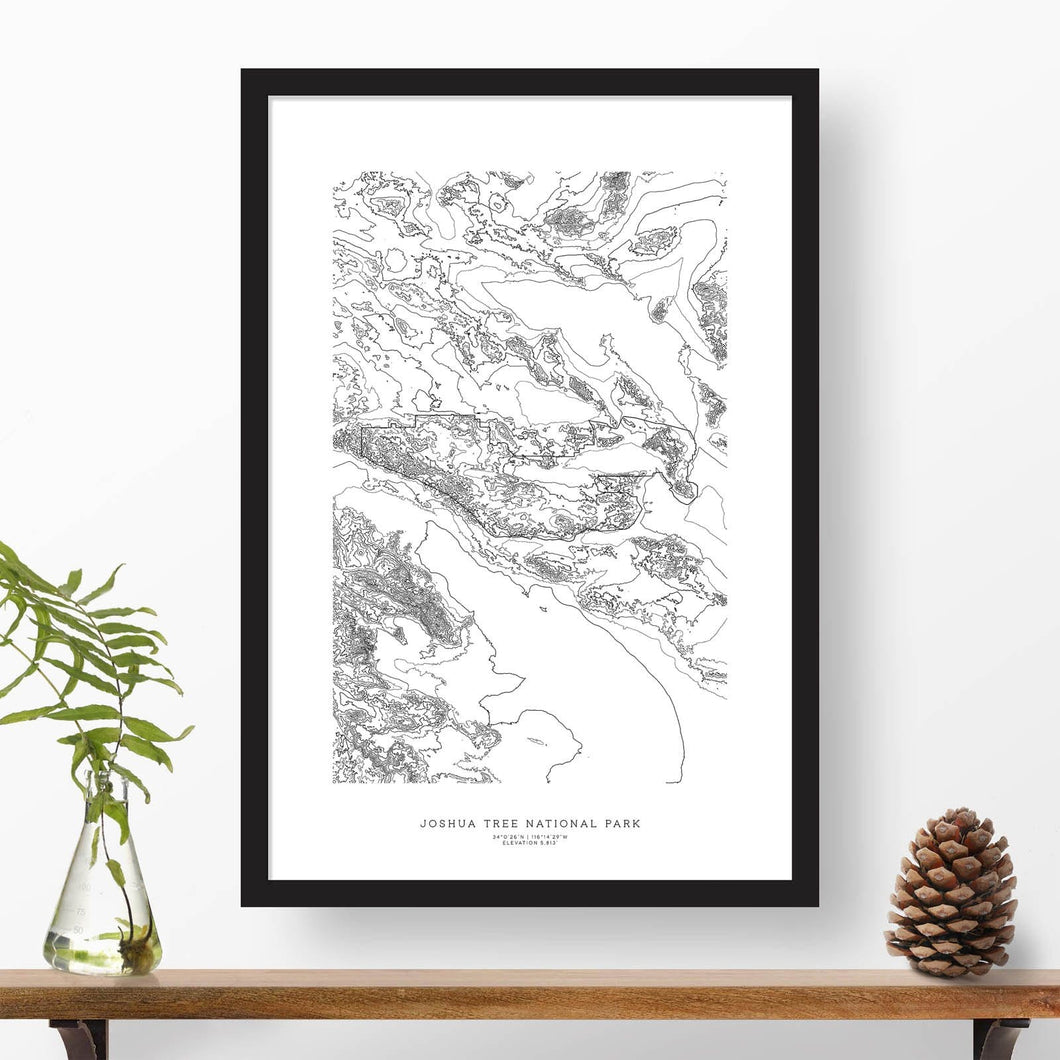 Topographic map of Joshua Tree National Park with a black frame.