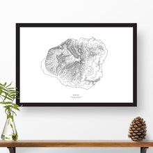 Load image into Gallery viewer, Framed travel art of Kauai, Hawaii, featuring topography map art in black and white.

